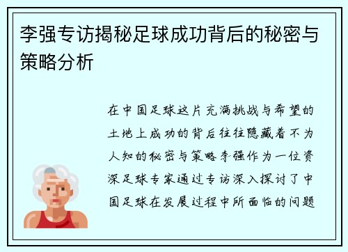 李强专访揭秘足球成功背后的秘密与策略分析