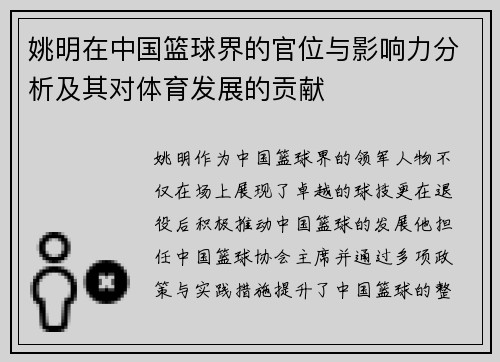 姚明在中国篮球界的官位与影响力分析及其对体育发展的贡献