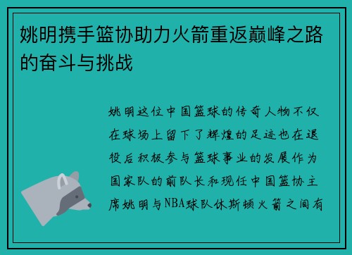 姚明携手篮协助力火箭重返巅峰之路的奋斗与挑战